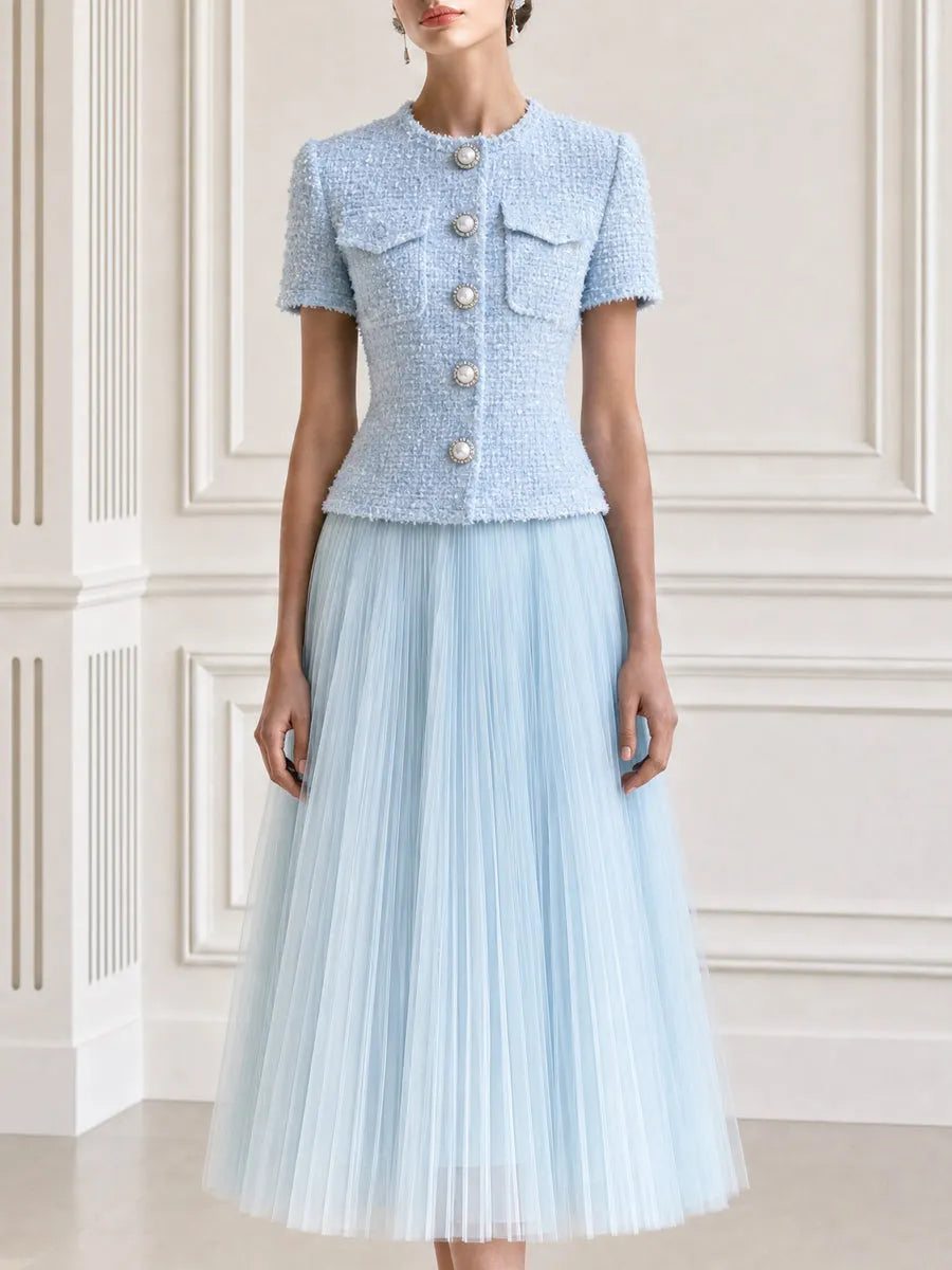 Tweed Short Sleeve Jacket & Pleated Tulle Midi Skirt Set