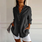 Casual Single Breasted Pleated Lapel Solid Color Cotton Linen Shirt