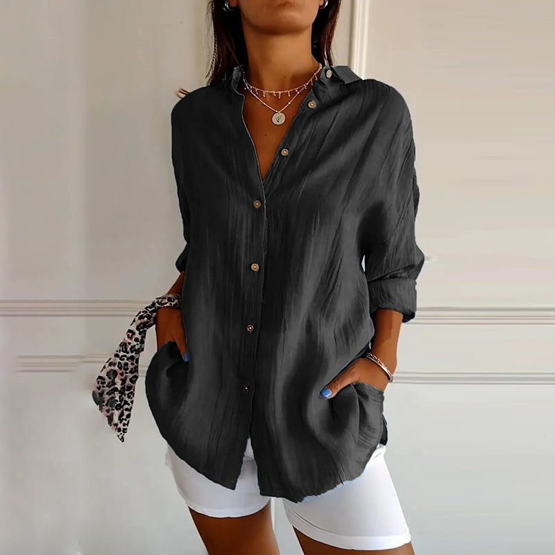Casual Single Breasted Pleated Lapel Solid Color Cotton Linen Shirt