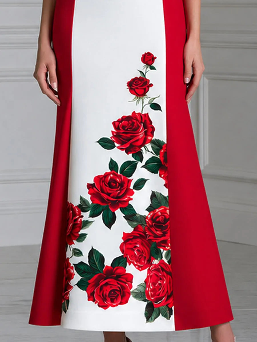 Stand Collar Color Block Red Rose Print Maxi Dress