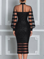 Sheer Bow Neck Sequin Midi Dress
