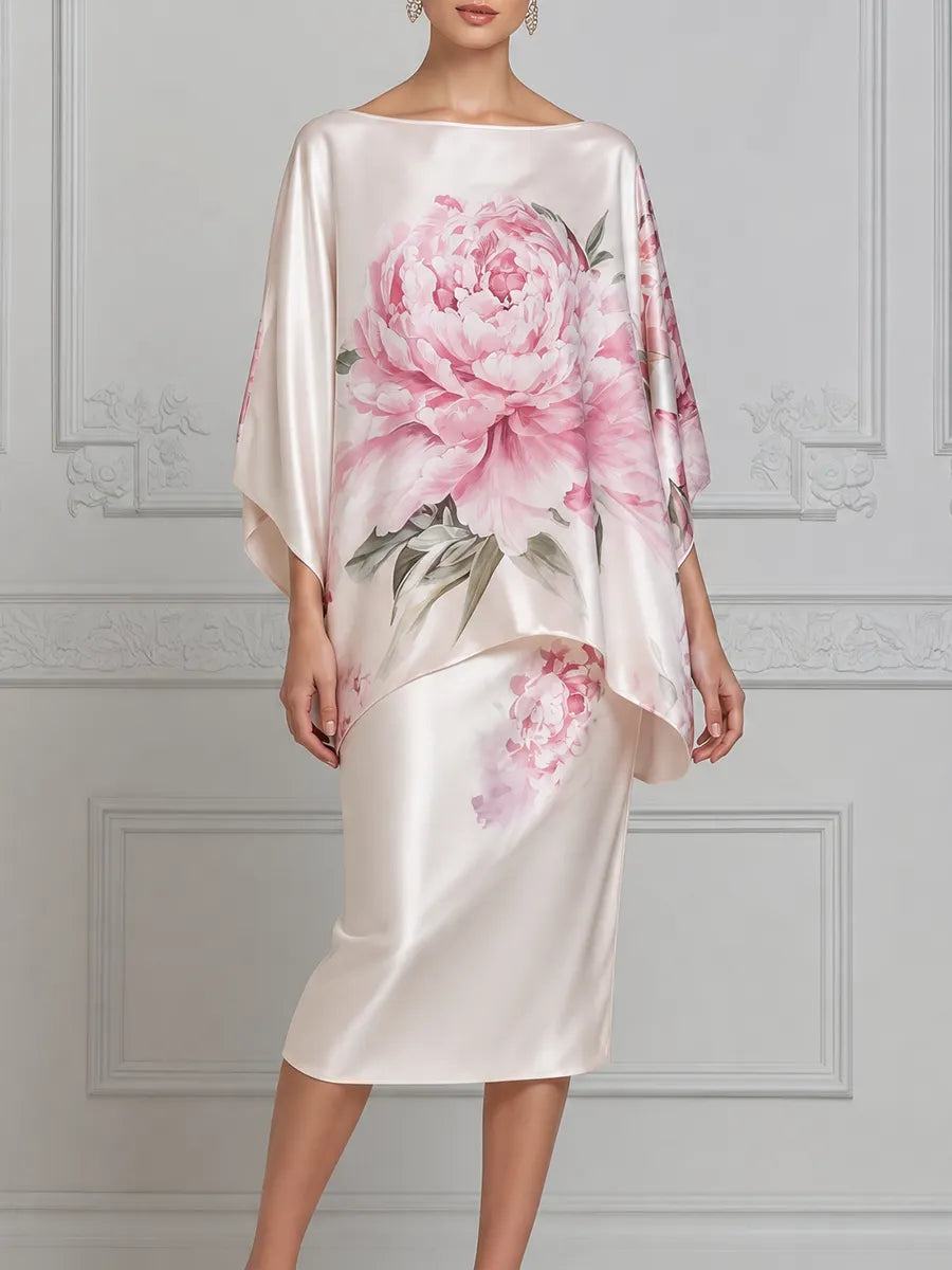 White Dress Pink Peony Satin Cape Overlay Pencil Midi Dress