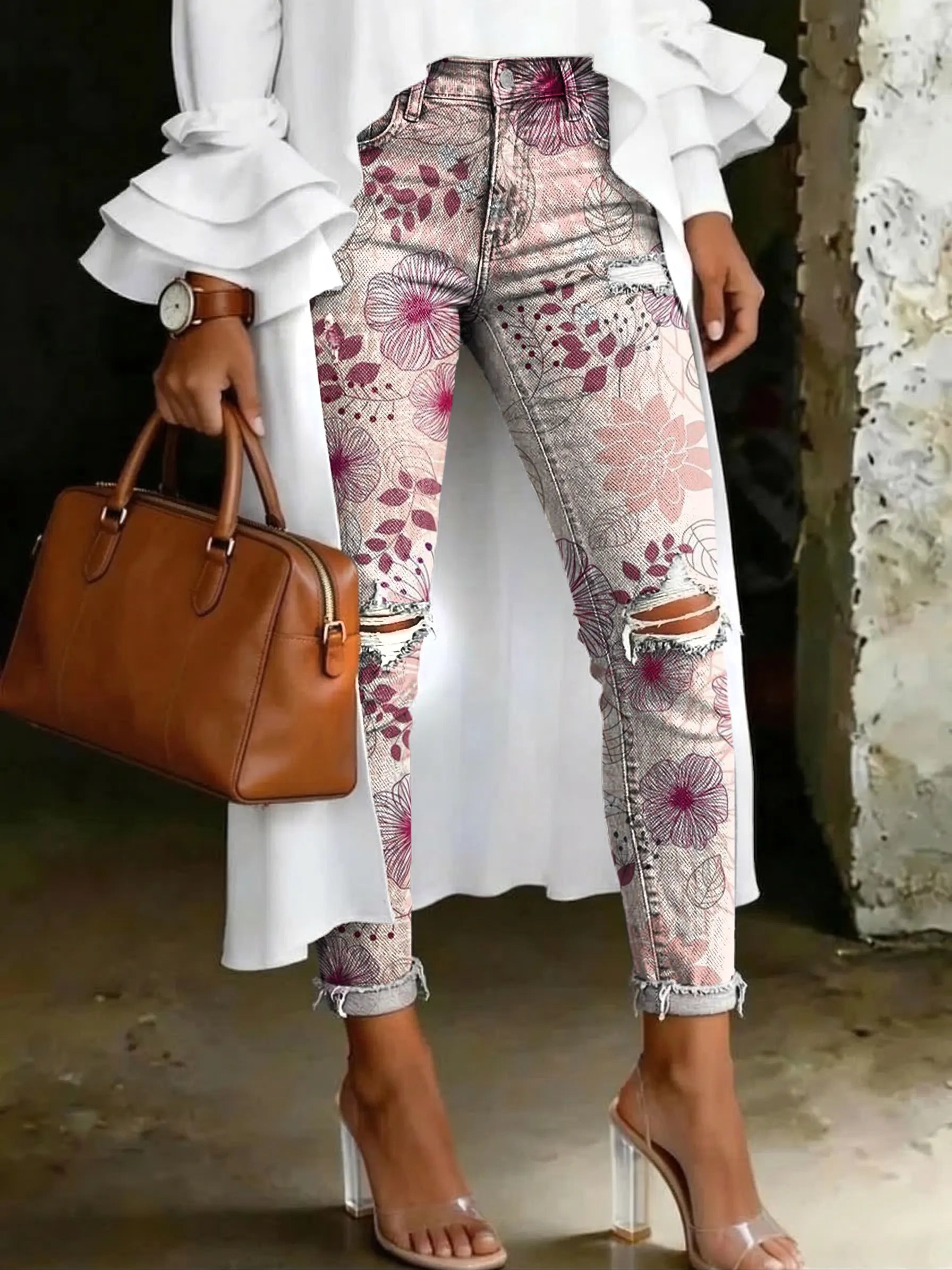 Women's Modern Floral Artistic Print Casual Ripped High-waisted Skinny Jeans