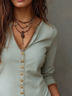 Vintage Washed Henley Collar Denim Blouse