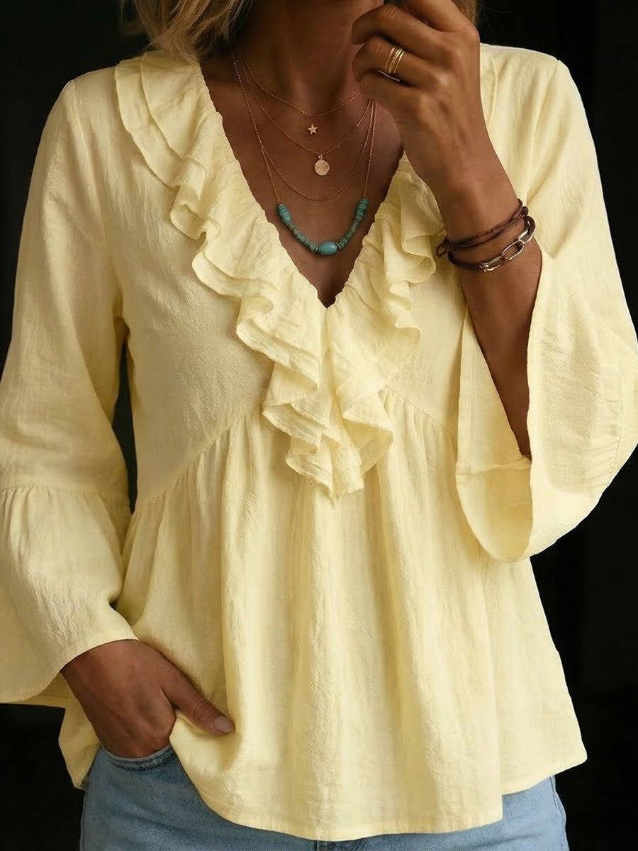 Women's Lace-trimmed V-neck Ruffled Sleeves Cotton Top