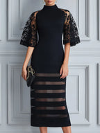 Mock Neck Floral Lace Flutter Sleeve Sheer-Stripe Hem Bodycon Midi Dress