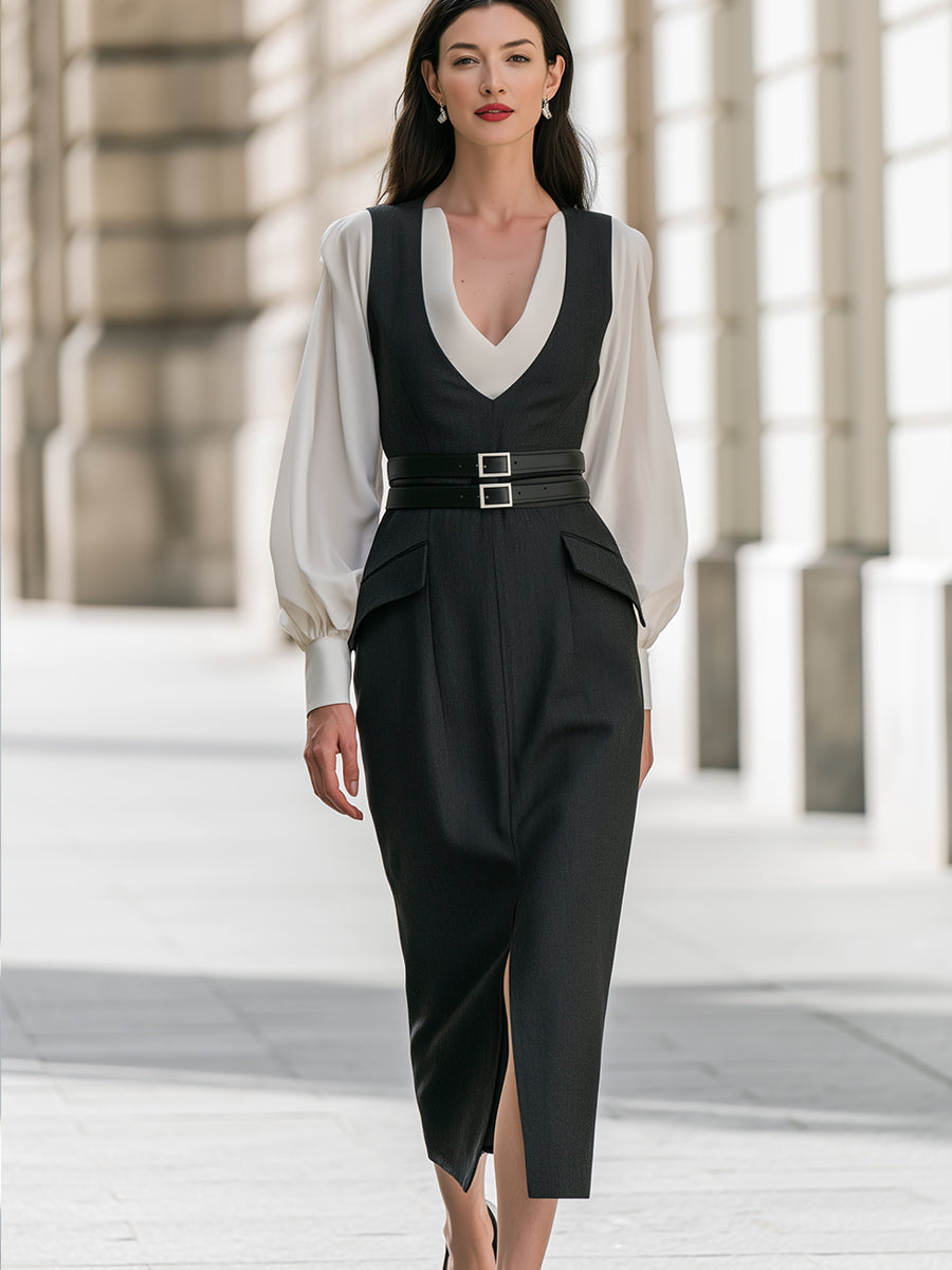 Layered Blouse And Belted Midi Dress Set