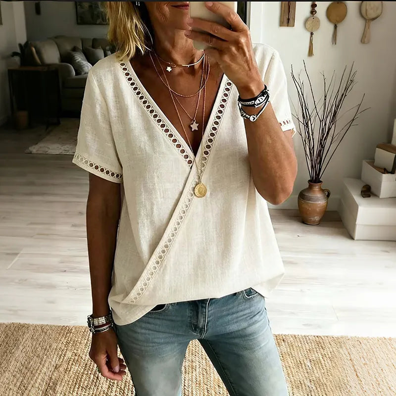 Women's Solid Color Lace Cotton Linen Short-sleeve V-neck Top