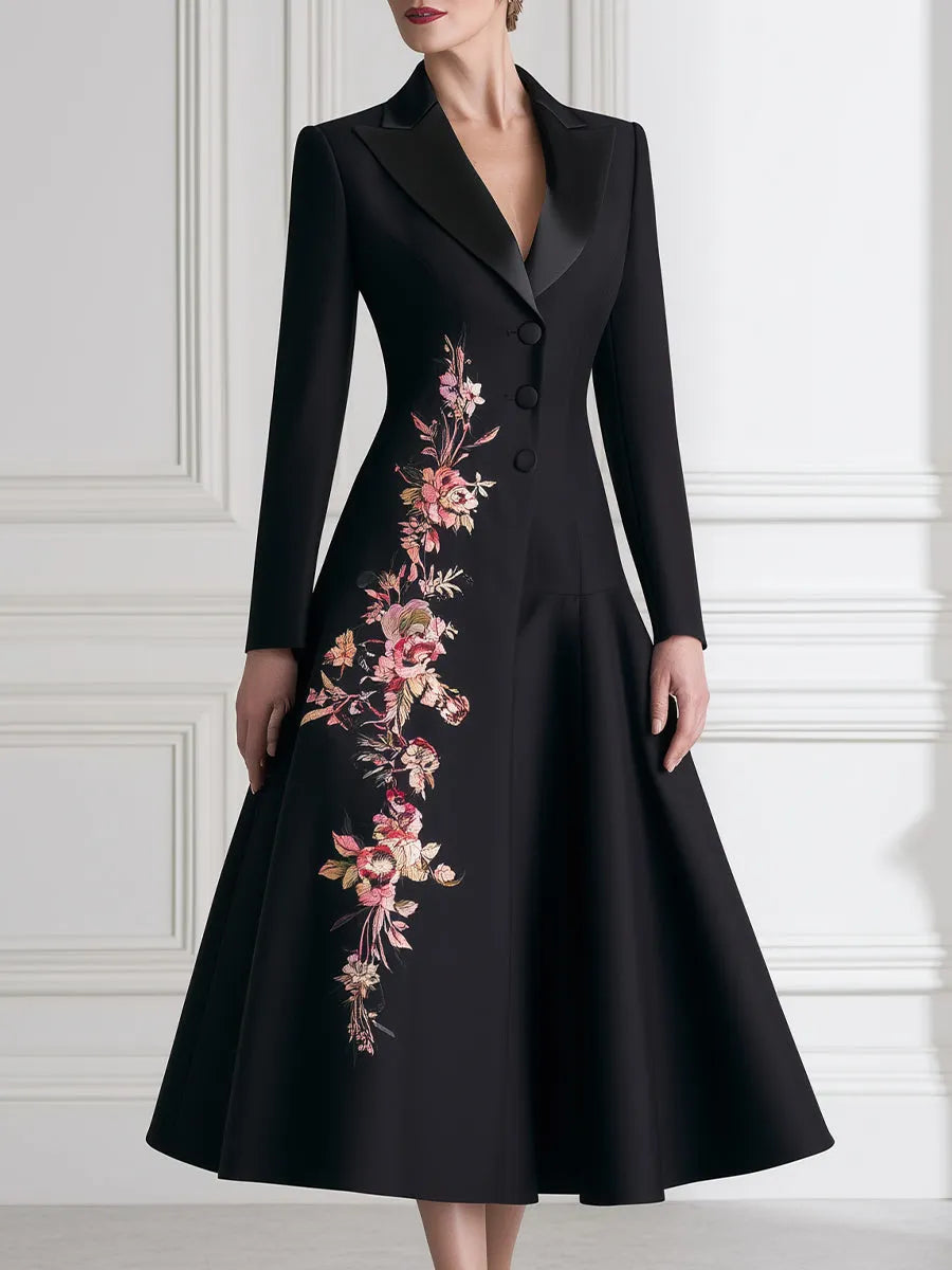 Floral Embroidered A-Line Blazer Midi Dress