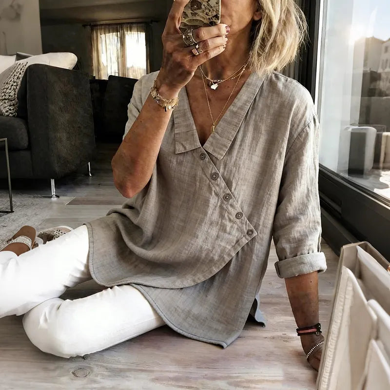 Women's Solid Color Button Design Linen Blend Shirt