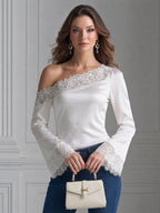 Elegant One-Shoulder Floral Lace Trim Satin Top