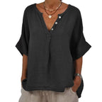 Women's Solid Color Button Linen V-neck Shirt