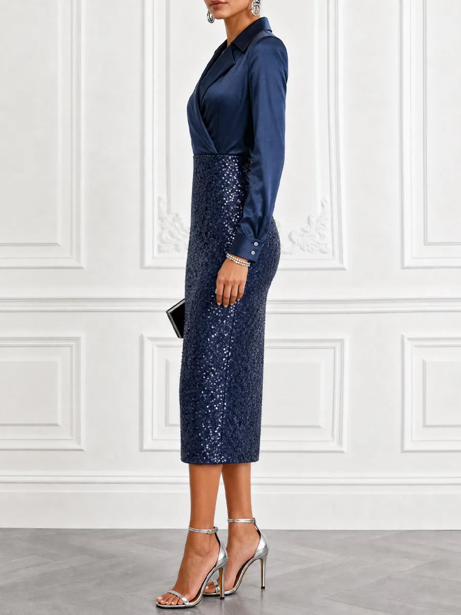 Midnight Navy Satin And Sequin Midi Dress