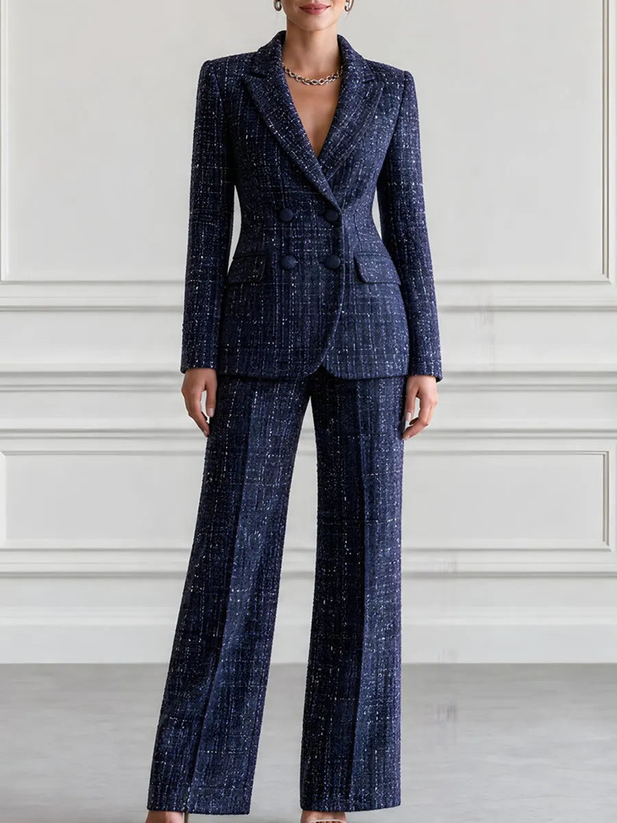 Flecked Tweed Double Breasted Blazer & Wide Leg Pants Suit