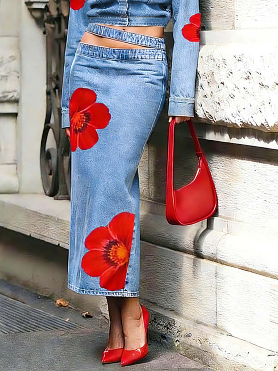 Women's Floral Print Casual Stylish Art Denim Skirt