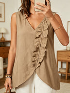 Women's Casual Sleeveless V-neck Ruffled Shirt