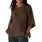 3/4 Sleeved Round Neck Pocket Loose Casual Shirt