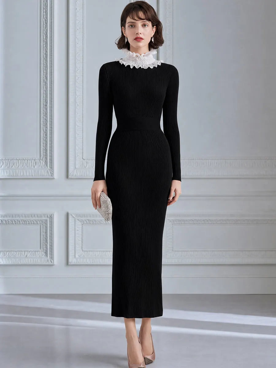 Ruffled High-Neck Ribbed Knit Maxi Dress