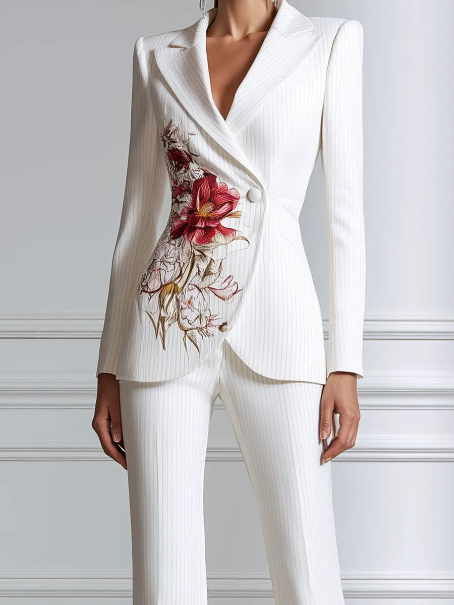 Floral Print Pinstripe Blazer And Flared Trouser Suit