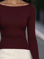 Boat-Neck Ribbed-Waist Long-Sleeve Knit Top