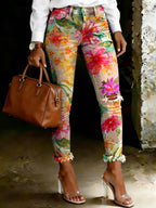 Women's Colorful Floral Art Print Spots Ripped Skinny Jeans