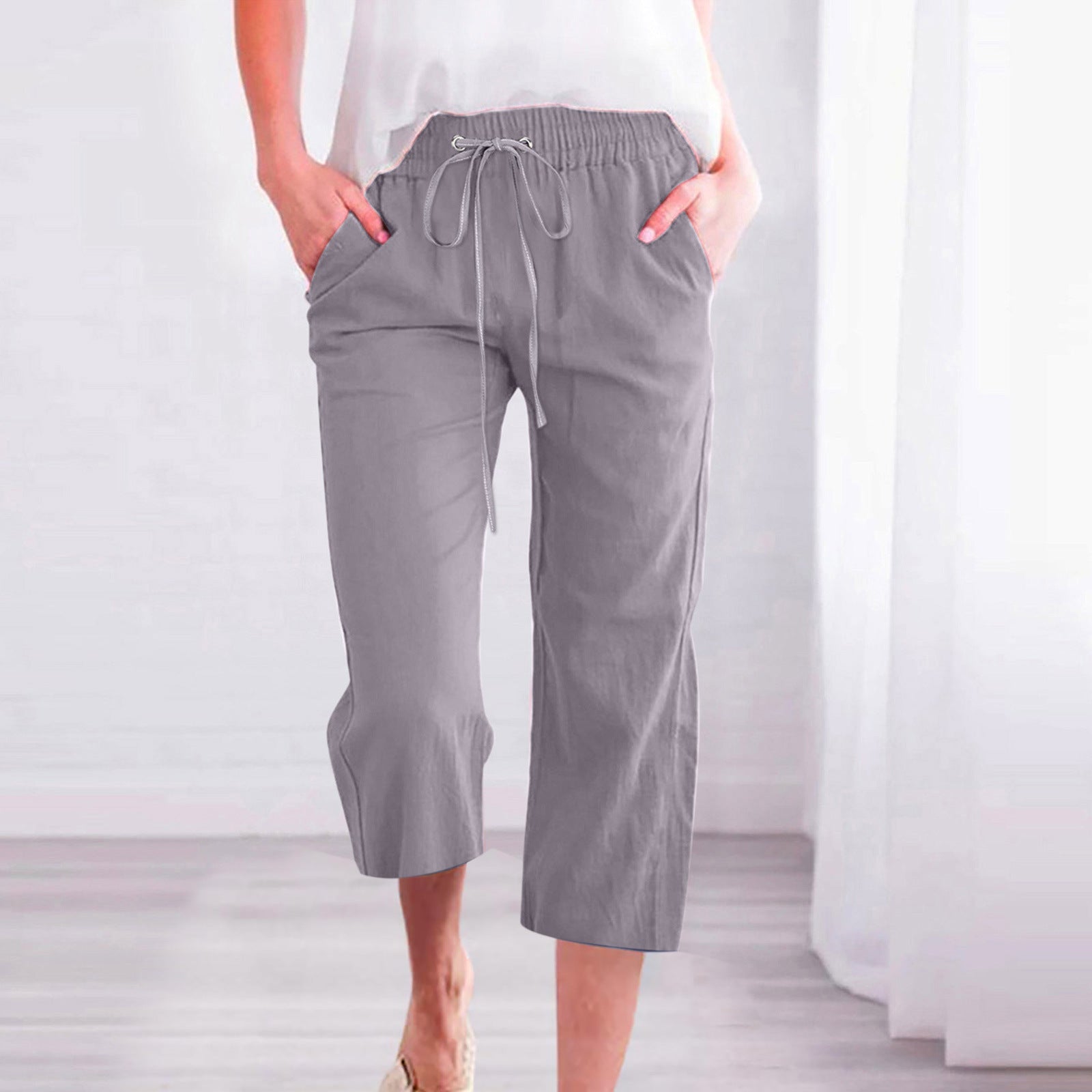 Women's Casual Summer Linen Pants High Waisted Loose Yoga Sweatpants Crop Pants with Pockets
