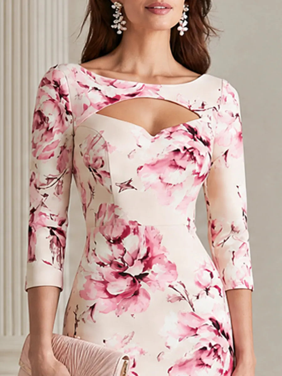 Elegant Pink Floral Cutout Neckline Bodycon Midi Dress