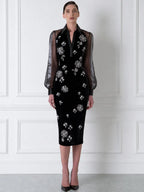 Beaded Firework Floral Sheer Sleeve Collared Velvet Bodycon Midi Dress