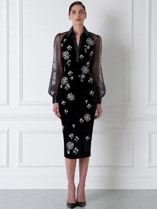 Beaded Firework Floral Sheer Sleeve Collared Velvet Bodycon Midi Dress