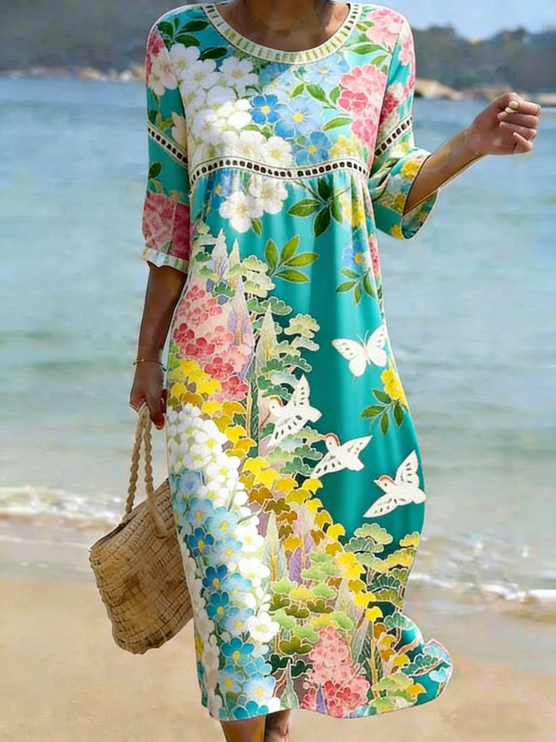 Women's Chinese Style Print Crew Neck Cotton Pocket Dress