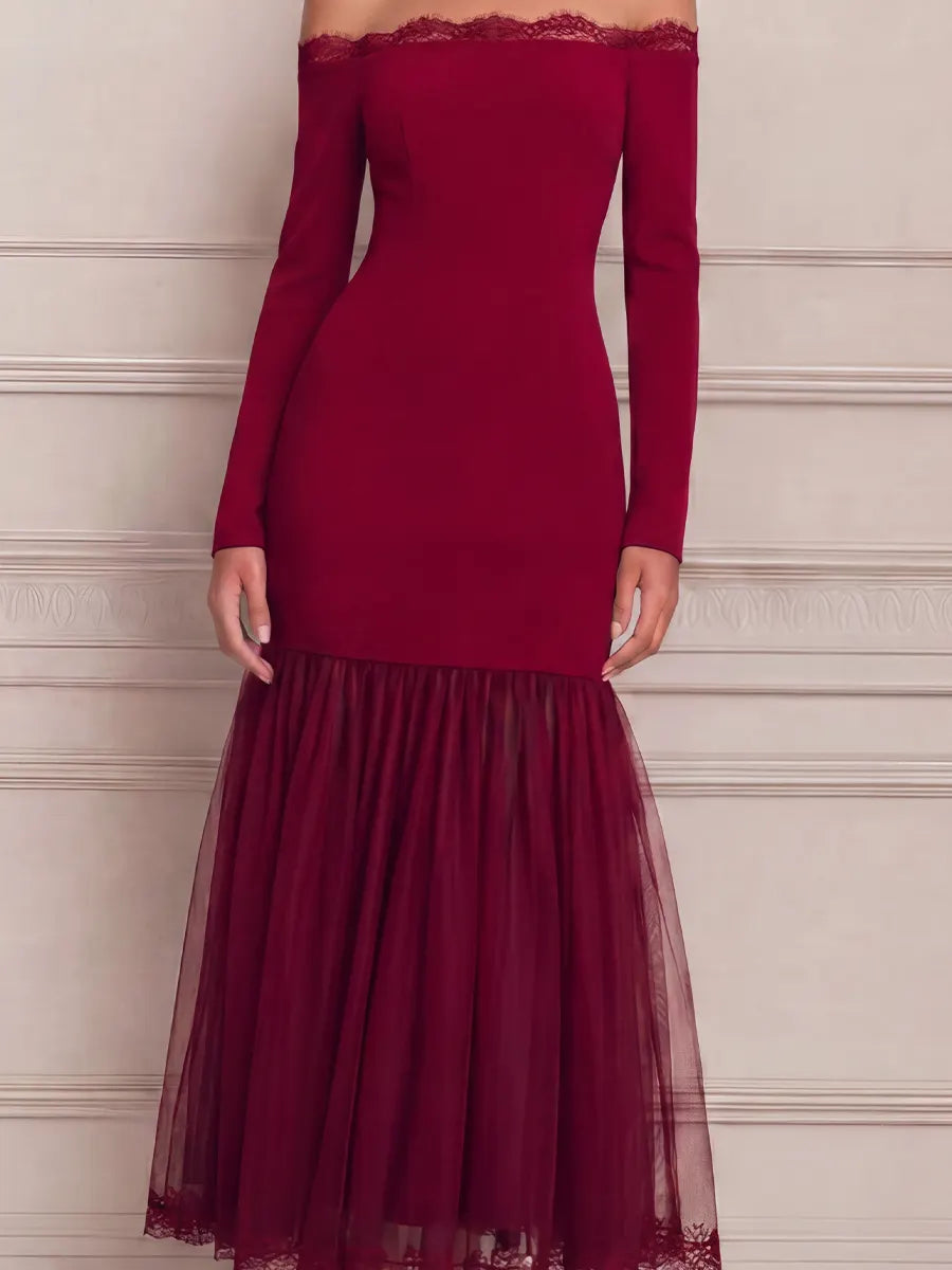 Red Dress Lace Trim Fall Wedding Guest Dress Off Shoulder Tulle Maxi Dress