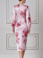 Pink Floral Dress Fall Wedding Guest Dress Satin Wrap Midi Dress