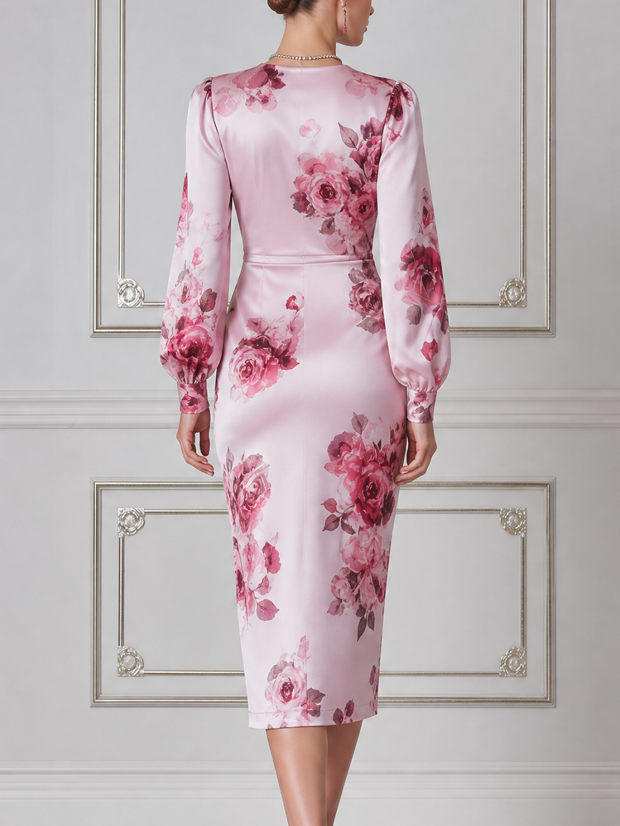 Pink Floral Dress Fall Wedding Guest Dress Satin Wrap Midi Dress