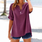 Women'S Multicolor Solid Color Stand Collar Button Cotton And Linen Three-Quarter Sleeve Top