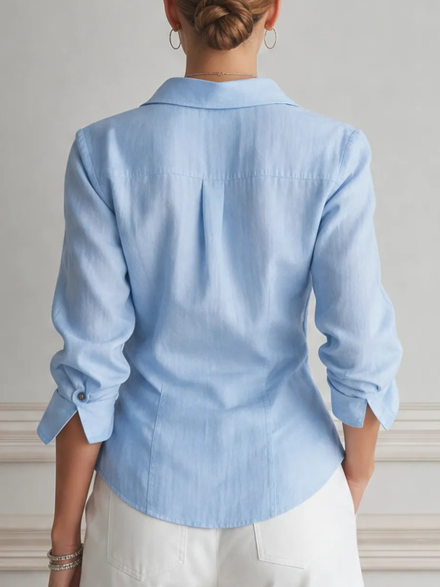 Light Blue Button Front Point Collar Blouse