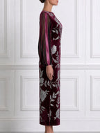 Silver Sequin Floral Sheer Stripe Sleeve Split-Neck Velvet Bodycon Maxi Dress