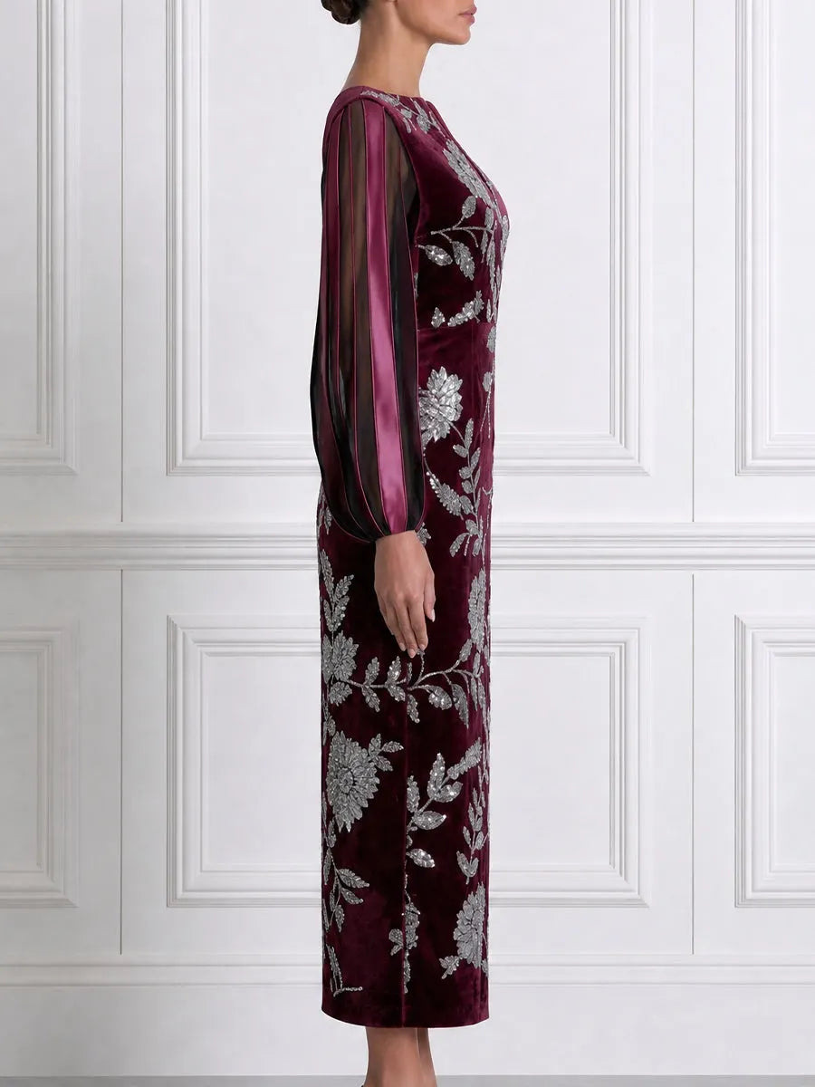 Silver Sequin Floral Sheer Stripe Sleeve Split-Neck Velvet Bodycon Maxi Dress