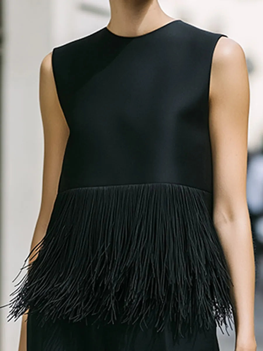 Black Fringe Trim Sleeveless Top & Wide-Leg Pants Set