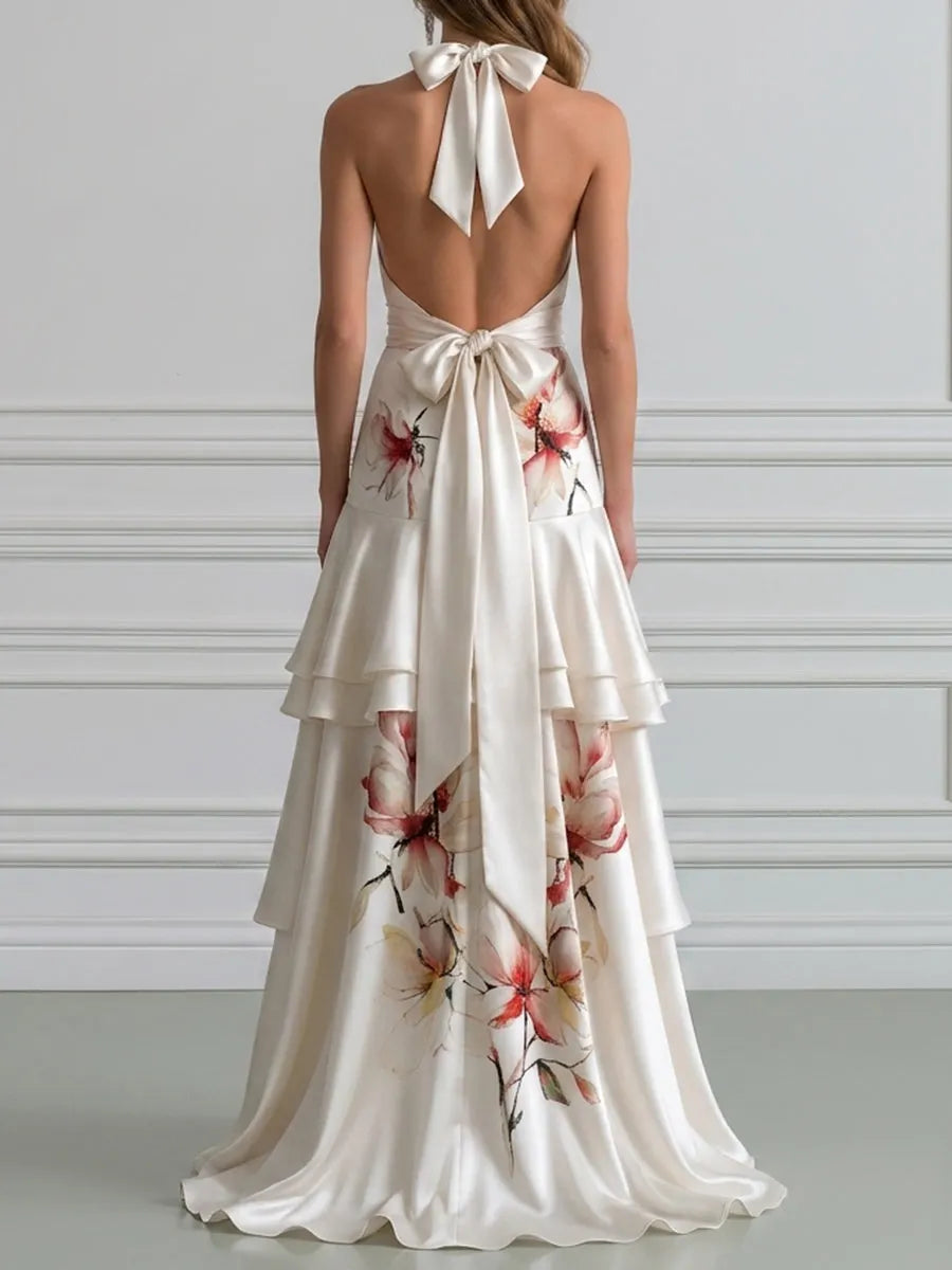 Floral Asymmetrical Ruffle Halter Satin Evening Gown
