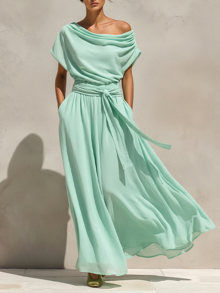 Women's Mint Green Chiffon Maxi Dress With Off-the-Shoulder Draped Neck & Belted Waist, Timeless Romantic-Resort Style Dress