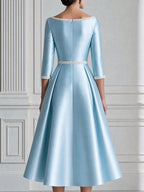 Off Shoulder Satin Pearl Trim A-Line Midi Formal Dress