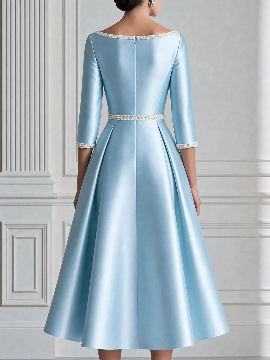 Off Shoulder Satin Pearl Trim A-Line Midi Formal Dress