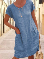 Loose Solid Color Pocket Short Sleeve round Neck Cotton and Linen Dress