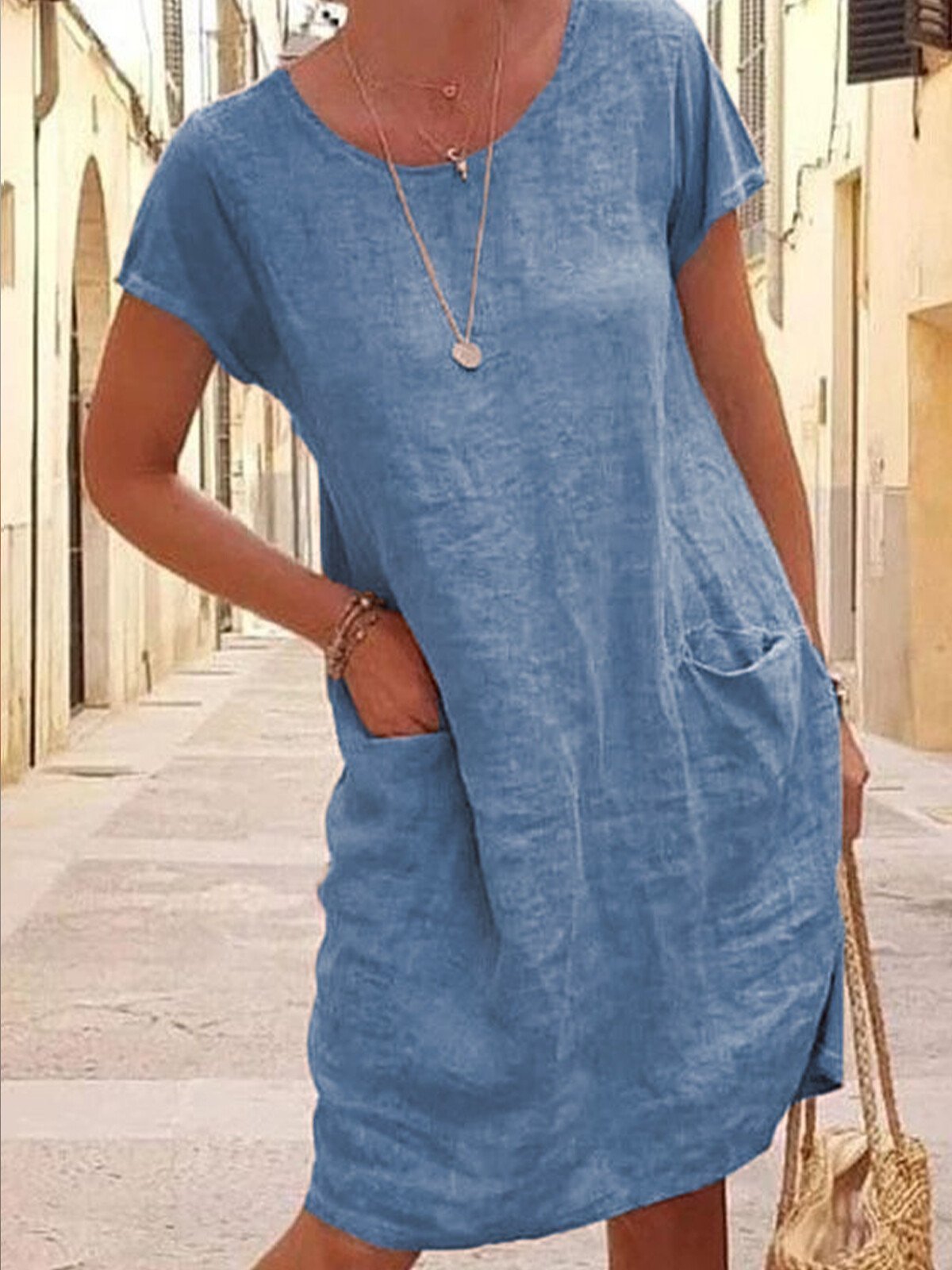 Loose Solid Color Pocket Short Sleeve round Neck Cotton and Linen Dress