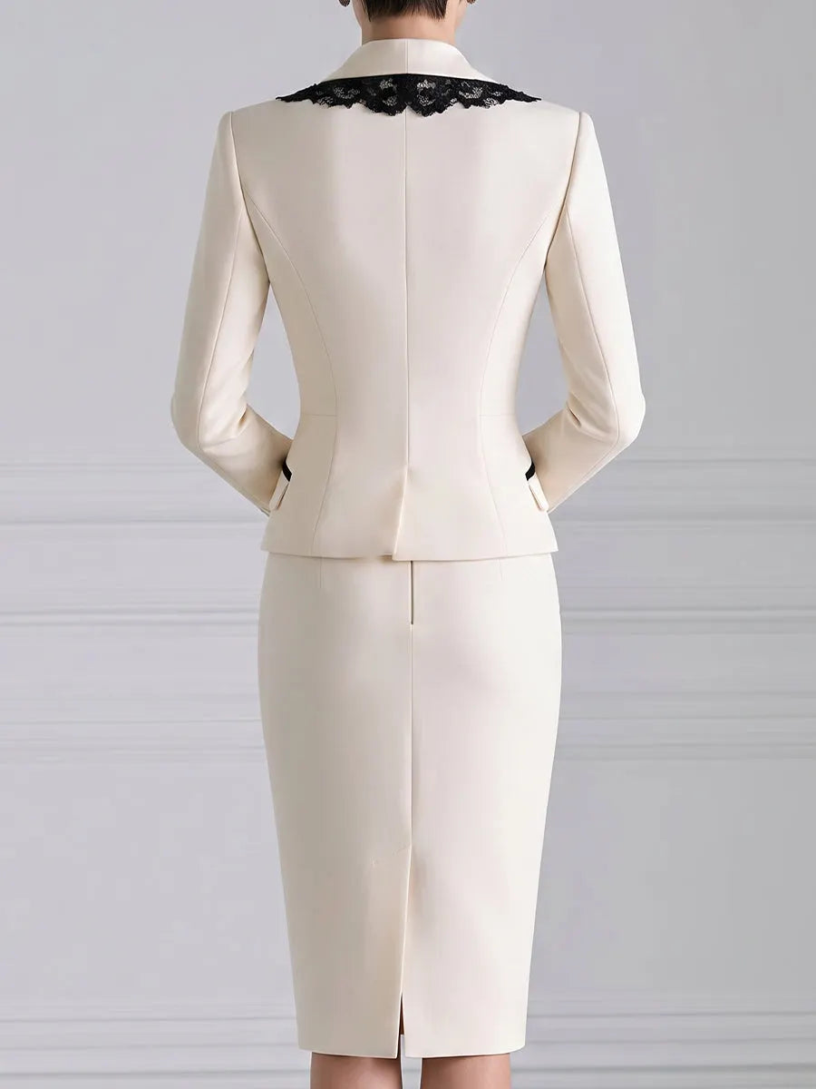 Lace-Trim Floral Blazer And Pencil Skirt Set