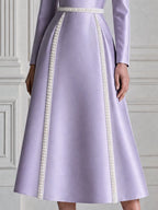 Cowl Neck Satin Pearl Trim A-Line Midi Dress