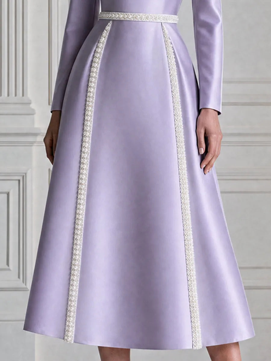 Cowl Neck Satin Pearl Trim A-Line Midi Dress