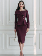 Elegant Long Sleeve Peplum Bodycon Midi Dress with Fold-Over Collar