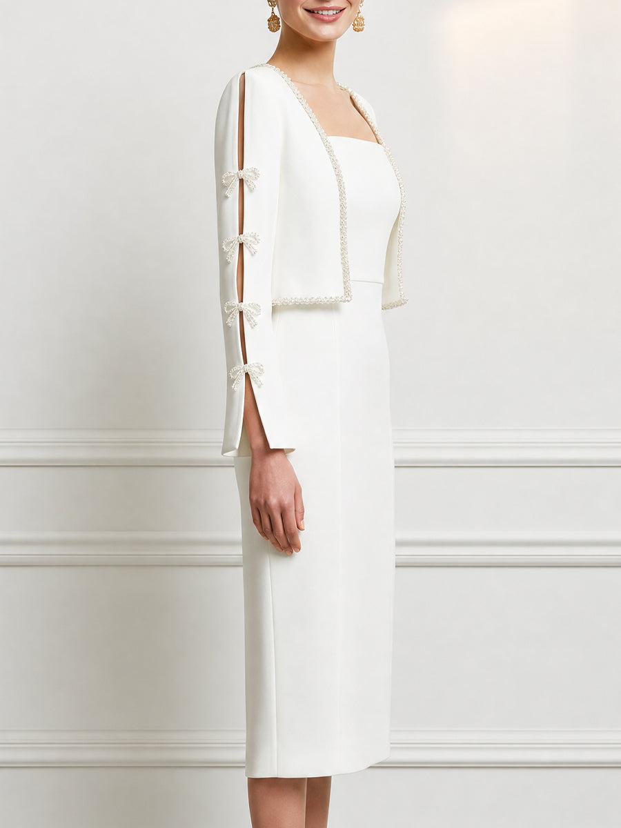 Elegant White Sleeveless Sheath Dress with Pearl-Embellished Bolero Jacket Set