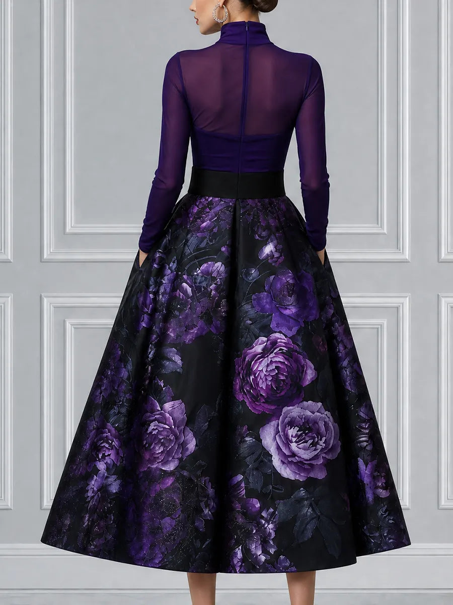 Deep Purple Sheer High Neck Bodice & Black Purple Floral Print A-Line Midi Dress